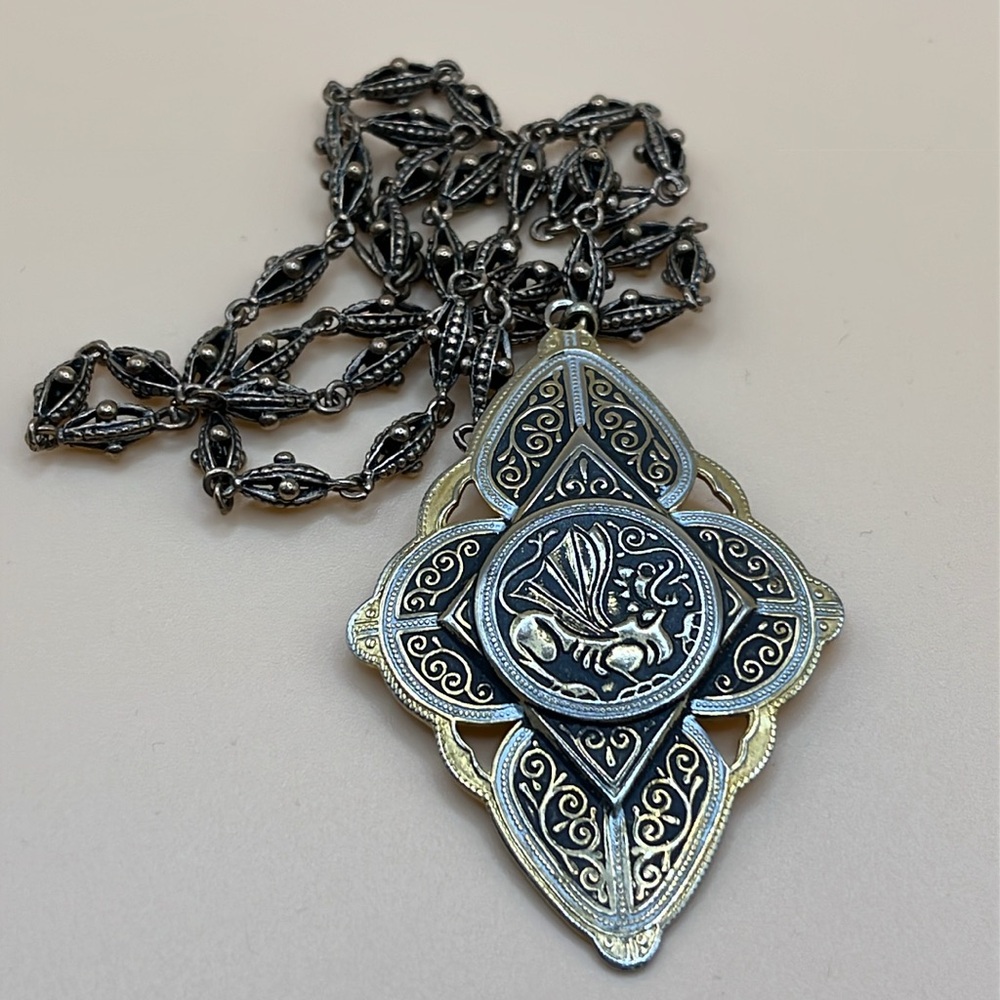 Damascene Style 2.5 in. Dragon pendant abs 20” chain. Vintage marked Spain - Picture 3 of 9